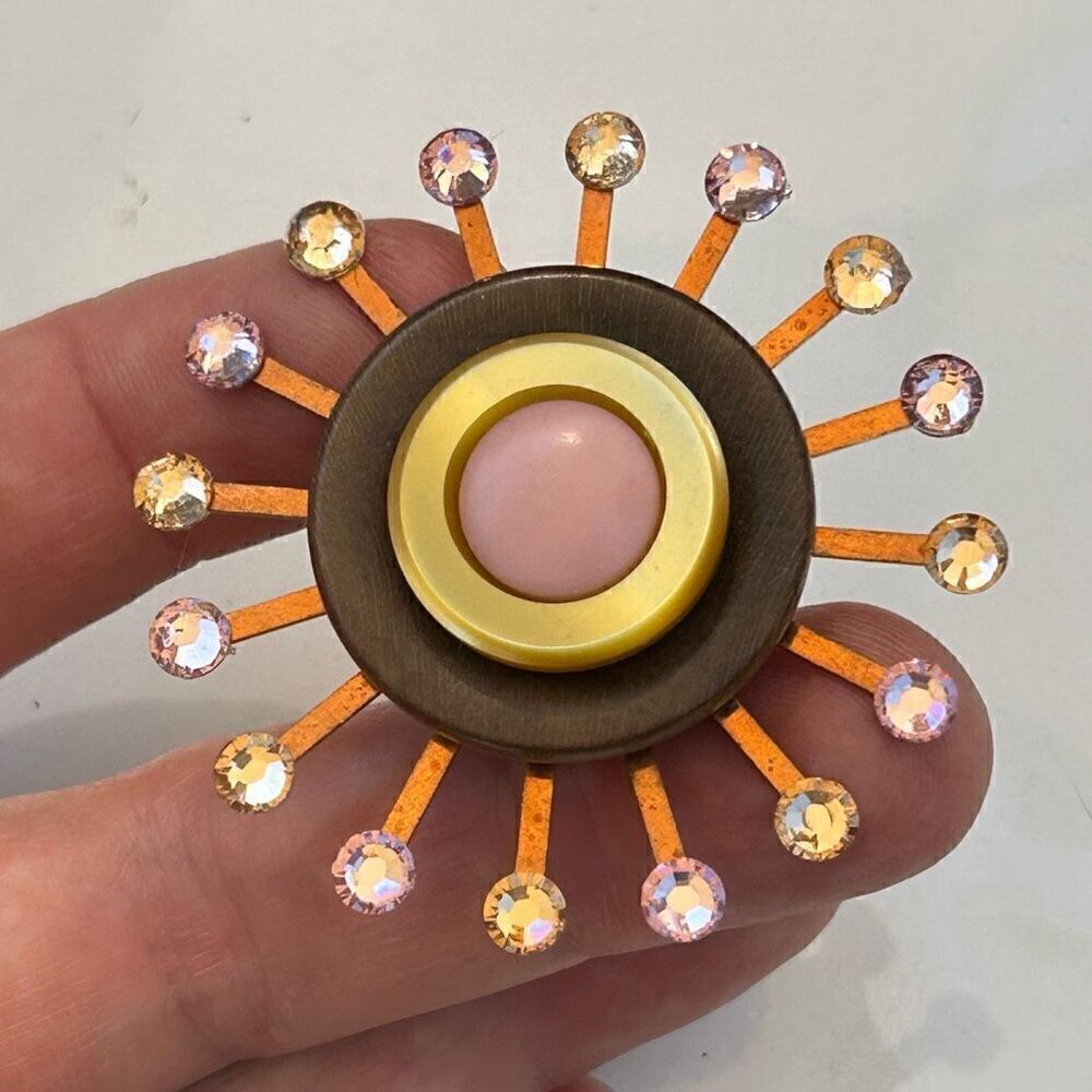 Upcycled Atomic Starburst Refrigerator Magnet Buttons Rhinestones Pink Pastel Ye